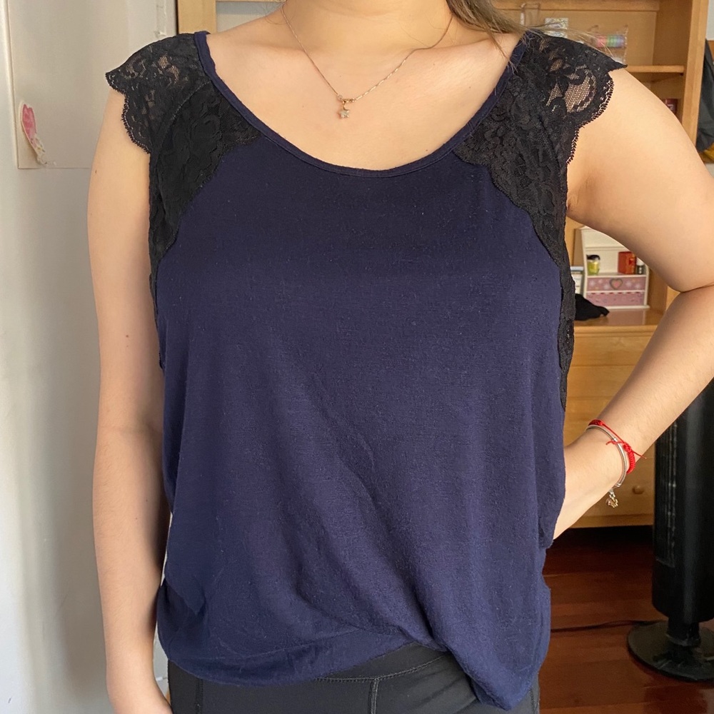 Navy Blue Minimal Floral Top